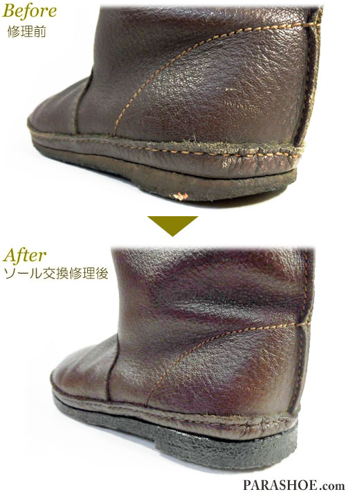 KOOS（コース）レディースブーツ（婦人靴）ダークブラウン オールソール交換修理（靴底張替えリペア）／天然クレープソール（生ゴム）＆ダークブラウン仕上げ－マッケイ製法 修理前と修理後のかかと部分