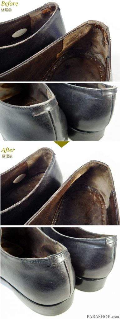 バラッツ（BARRATS）スペイン製 モンクストラップ ドレスシューズ 黒（メンズ 革靴・ビジネスシューズ・紳士靴）のかかと裏張り（スベリ）補修と履き口修理