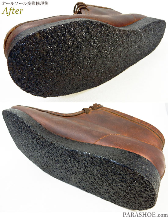 クラークス（CLARKS）ワラビーブーツ（カジュアルシューズ・メンズ紳士靴）のオールソール交換修理（靴底張替え修繕リペア）／天然クレープソール（生ゴム）ダークブラウン仕上げ－マッケイ式製法　修理後のソール底面