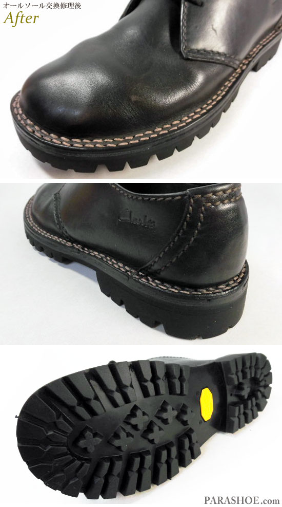 クラークス（CLARKS）プレーントゥ カジュアルシューズ 黒（メンズ革靴・紳士靴）オールソール交換修理（靴底張替え修繕リペア）／ビブラム（Vibram）1100 黒－ステッチダウン製法（ダブル／二重ステッチ）修理後のステッチ部分とソール底面