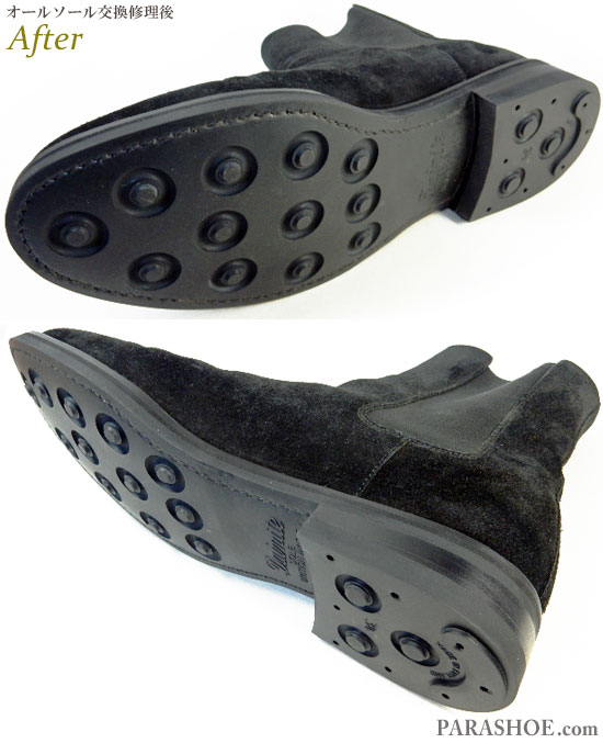マインデニム（MINEDENIM）×ノンネイティブ（nonnative）サイドゴアブーツ カジュアルドレスシューズ 黒スエード（メンズ革靴・ビジネスシューズ・紳士靴）オールソール交換修理（靴底張替え修繕リペア）／ダイナイトソール（Dainite sole）－ブラックラピド製法 修理後のソール側面