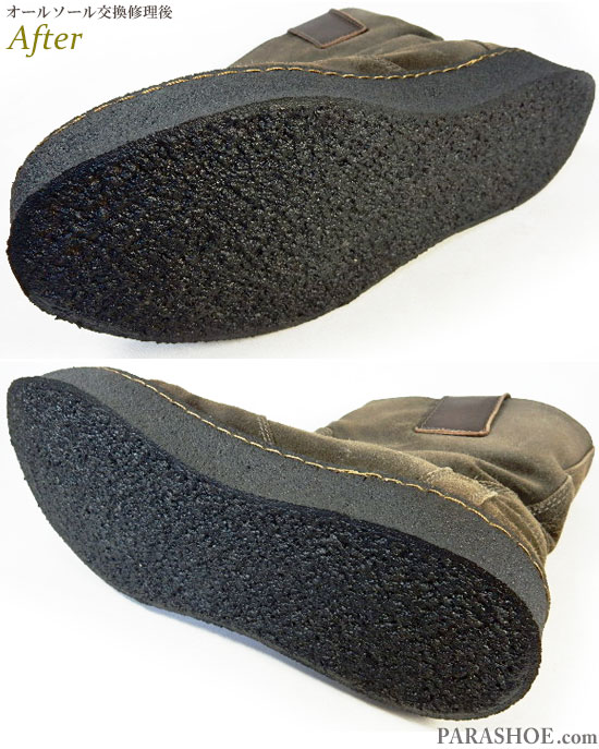 モンクレール（MONCLER）メンズ スエードブーツ（メンズ 革靴・カジュアルシューズ・紳士靴）オールソール交換修理（靴底張替え修繕リペア）／天然クレープソール（生ゴム）－オパンケ製法 修理後のソール底面