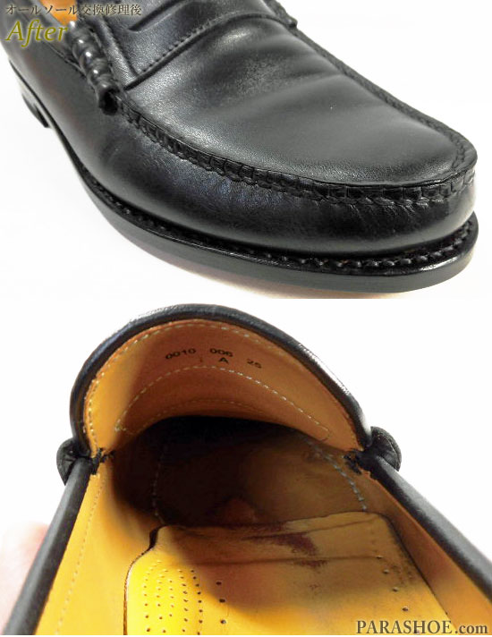 リーガル（REGAL）ローファー ドレスシューズ 黒（メンズ 革靴・ビジネスシューズ・紳士靴）オールソール交換修理（靴底張替え修繕リペア）／ラバーインジェクションレザーソール（滑り止めゴム付き革底）＋全ゴムヒール－ブラックラピド製法 修理後のウェルト部分と中底のマッケイ縫い部分
