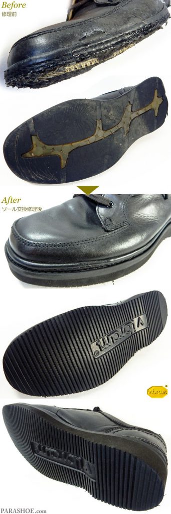 クラークス アクティブエア（Clarks active air）Uチップ カジュアルシューズ 黒（メンズ革靴・紳士靴）オールソール交換修理（靴底張替え修繕リペア）／ビブラム（Vibram）2060 黒－マッケイ製法 修理前と修理後のウェルト交換部分とソール底面