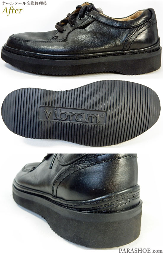 クラークス アクティブエア（Clarks active air）Uチップ カジュアルシューズ 黒（メンズ革靴・紳士靴）オールソール交換修理（靴底張替え修繕リペア）／ビブラム（Vibram）2060 黒－マッケイ製法 修理後のソール側面とヒール部分