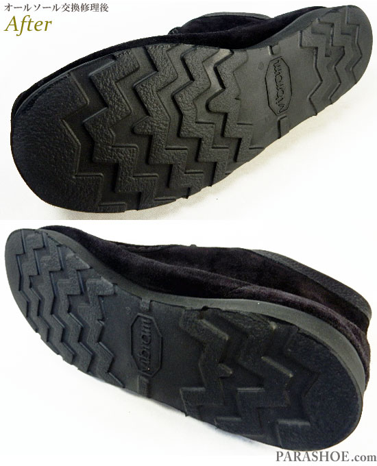 クラークス（CLARKS）ワラビーブーツ カジュアルシューズ 黒スエード（メンズ革靴・紳士靴）のオールソール交換修理（靴底張替え修繕リペア）／ビブラム（Vibram）4014 黒－マッケイ式製法 修理後のソール底面