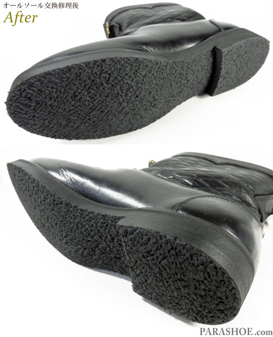 アトラクションズ（Attractions）ローパーブーツ 黒（メンズ カジュアルシューズ・紳士靴）オールソール交換修理（靴底張替え修繕リペア）／合成クレープソール 黒－グッドイヤーウェルト製法 修理後のソール底面
