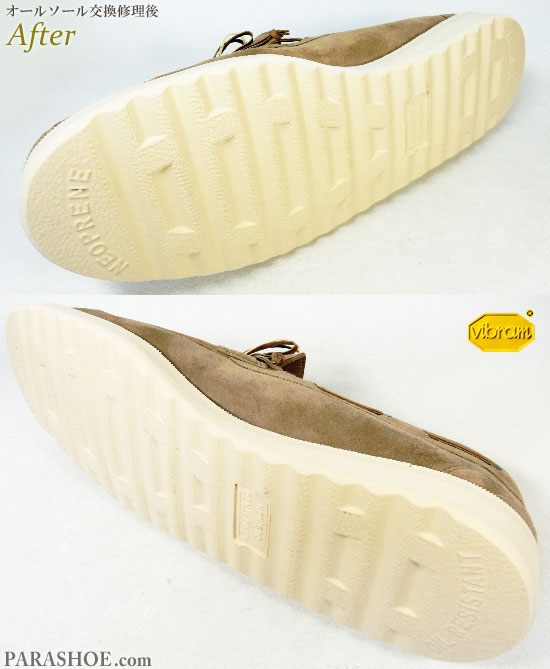 サルヴァトーレ・フェラガモ(Salvatore Ferragamo)スエード モカシン スリッポン カジュアルシューズ(メンズ 革靴・紳士靴)オールソール交換修理(靴底張替え修繕リペア)-ビブラム(vibram)1010(白・クリーム)-マッケイ製法修修理後のソール底面全体