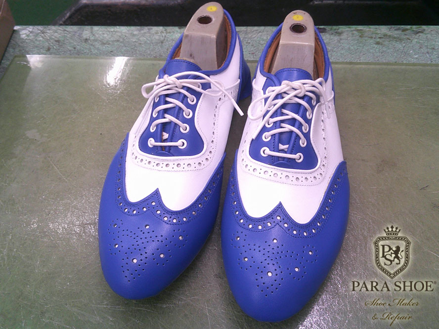 PARASHOE(パラシュー)本革 ホワイト(白)×ブルー(青)コンビウィングチップ ゴルフシューズ マッケイ式 ハンドメイド 日本製