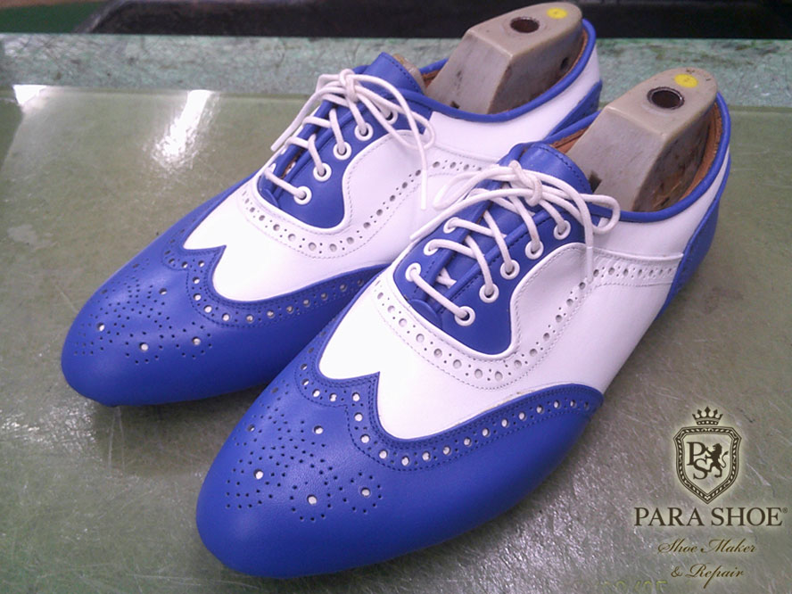 PARASHOE(パラシュー)本革 ホワイト(白)×ブルー(青)コンビウィングチップ ゴルフシューズ マッケイ式 ハンドメイド 日本製