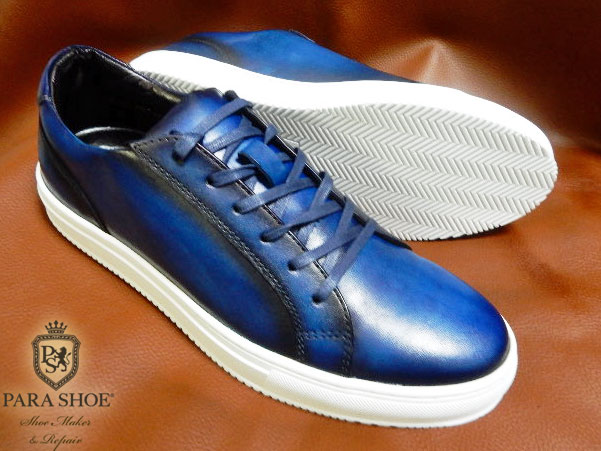 PARASHOE(パラシュー)本革 カラーオーダー レースアップ レザースニーカー(全11色)カジュアルシューズ 手染めアンティーク(パティーヌ)のブルー(青)×白ソール
