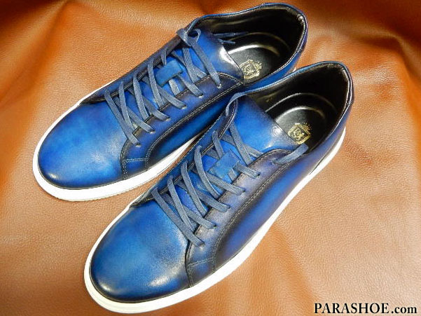 PARASHOE(パラシュー)本革 カラーオーダー レースアップ レザースニーカー(全11色)カジュアルシューズ 手染めアンティーク(パティーヌ)のブルー(青)×白ソール