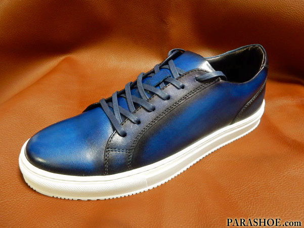 PARASHOE(パラシュー)本革 カラーオーダー レースアップ レザースニーカー(全11色)カジュアルシューズ 手染めアンティーク(パティーヌ)のブルー(青)×白ソール