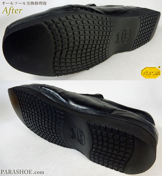 コールハーン(COLE HAAN)革靴(ビジネスシューズ・紳士靴)の劣化したウレタンソールをビブラム(Vibram)ガムライトソールでオールソール交換修理(靴底張替え修繕補修)-マッケイ製法の修理後のソール底面