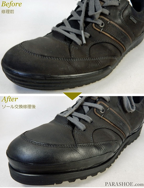 エコー(ECCO)レザースニーカーの擦り減ったラバーソールをビブラム(Vibram)1030でオールソール交換修理(靴底張替え修繕補修)-マッケイ製法の修理前と修理後のウェルト部