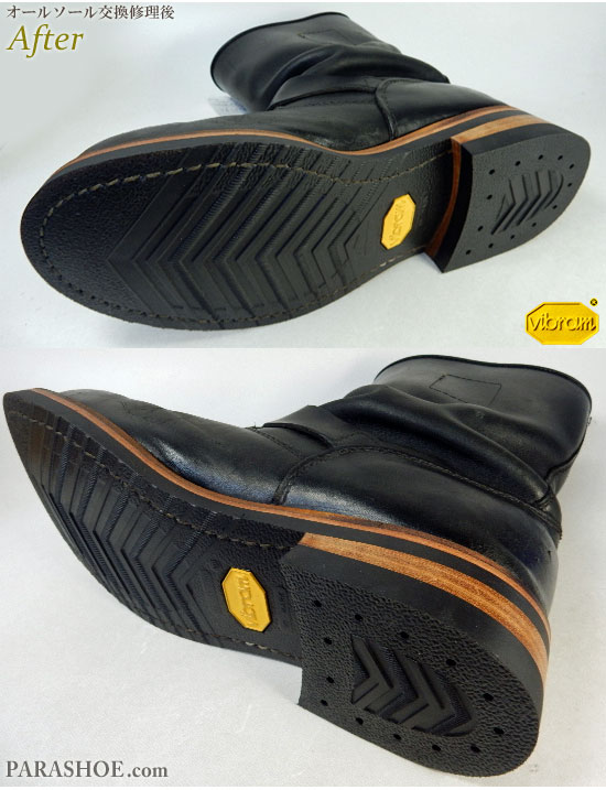 ホーキンス(Hawkins)エンジニアブーツをビブラム(vibram)700+レザーミッドソールでオールソール交換修理(靴底張替え修繕補修)修理後のソール底面