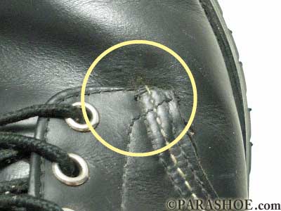 靴の糸のほつれを補修後の拡大写真