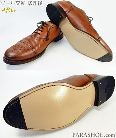 ニューヨーカー（NewYorker）の革靴のオールソール交換修理前後－レザーソール＋つま先ゴム補強