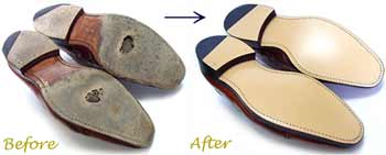 革底（レザーソール）の革靴（ビジネスシューズ）のオールソール交換修理前と修理後