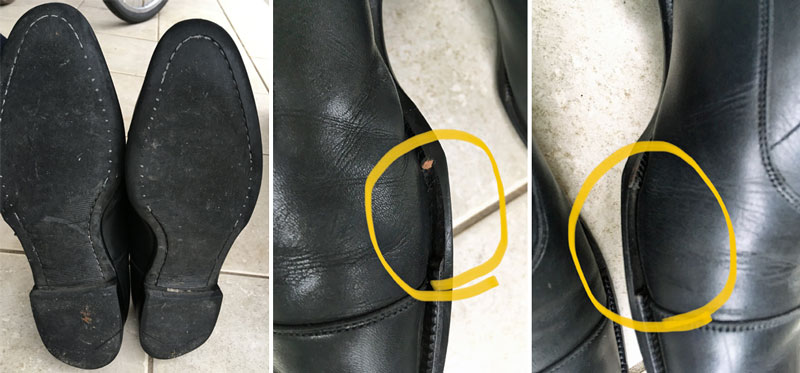リーガルの革靴　ウェルト欠落破損部分と、ソール底面すり減り部分
