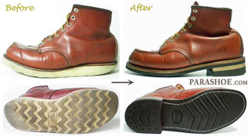 レッドウィング（REDWING）ブーツのビブラム700＋レザーミッドソールカスタムリペア（ナチュラル仕上げオールソール交換修理前と修理後