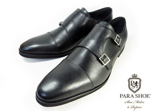 PARASHOE 本革 ダブルモンクストラップ ビジネスシューズ 黒 ワイズ 4E ...