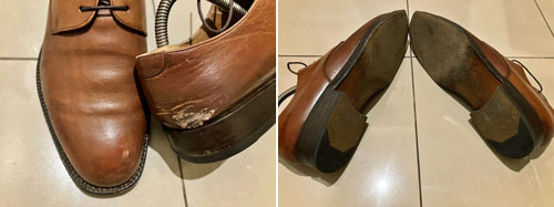 ヤンコの革靴（ビジネスシューズ、紳士靴）のソール摩耗部分とかかと甲革擦り切れ皮剥げ部分