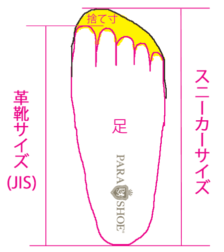 革靴サイズとスニーカーサイズの表記基準の違いの図