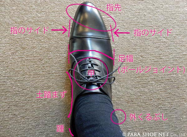 革靴のジャストフィット（ぴったりサイズ）のチェックポイントの図