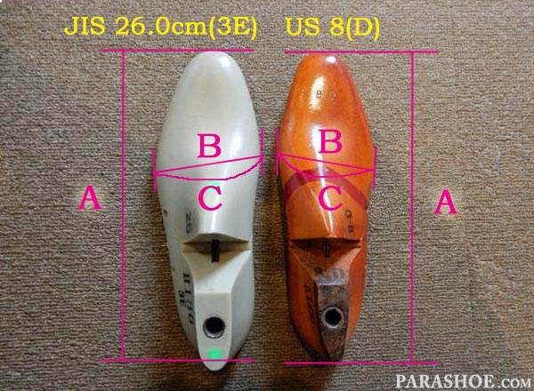 アメリカ（米国）木型（ラスト）サイズUS8（Dワイズ）と、日本の紳士靴の木型（プラ型）サイズ26.0cm（3E/EEE ワイズ）の大きさ（サイズ）の比較