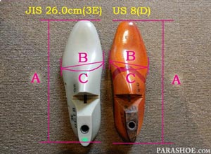 米国（アメリカ）のUSサイズの木型（シューラスト）と、日本のJISサイズの木型を比較する