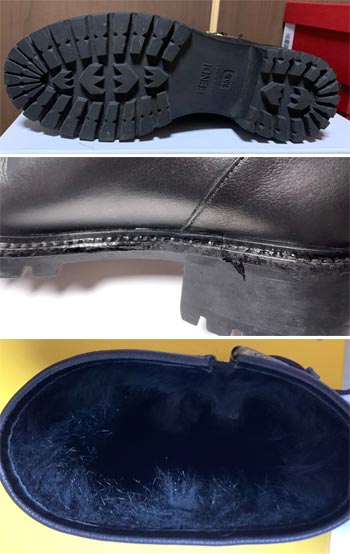 Fendi（フェンディ）のブーツのソール劣化部分と筒の中のムートン部分