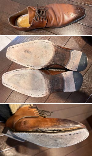 メンズドレスシューズ（革靴・ビジネスシューズ・紳士靴／26.0cm）のレザーソール（革底）摩耗部分
